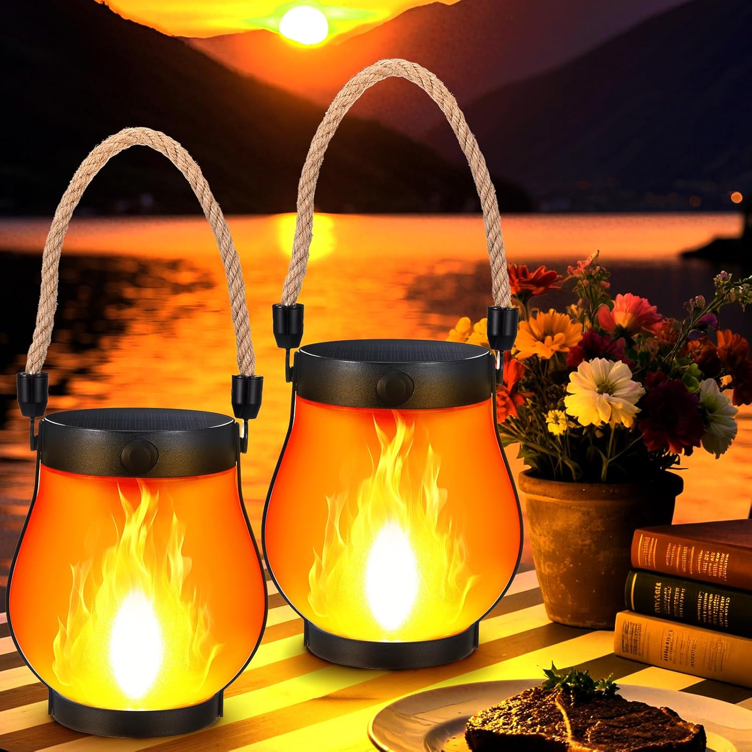 Fire Torch Solar - 2パック ソーラーフレームランタン、ちらつきLEDハンギング充電式ライト 防水 屋外用 庭 庭園