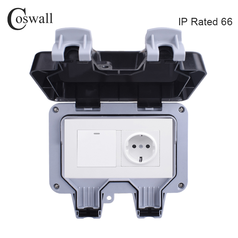 Outdoor Lighting With Outlet - Coswall IP66全天候防水屋外壁電源ソケット16A eu標準コンセント1ギャング1ウェイのon/offライトスイッチ