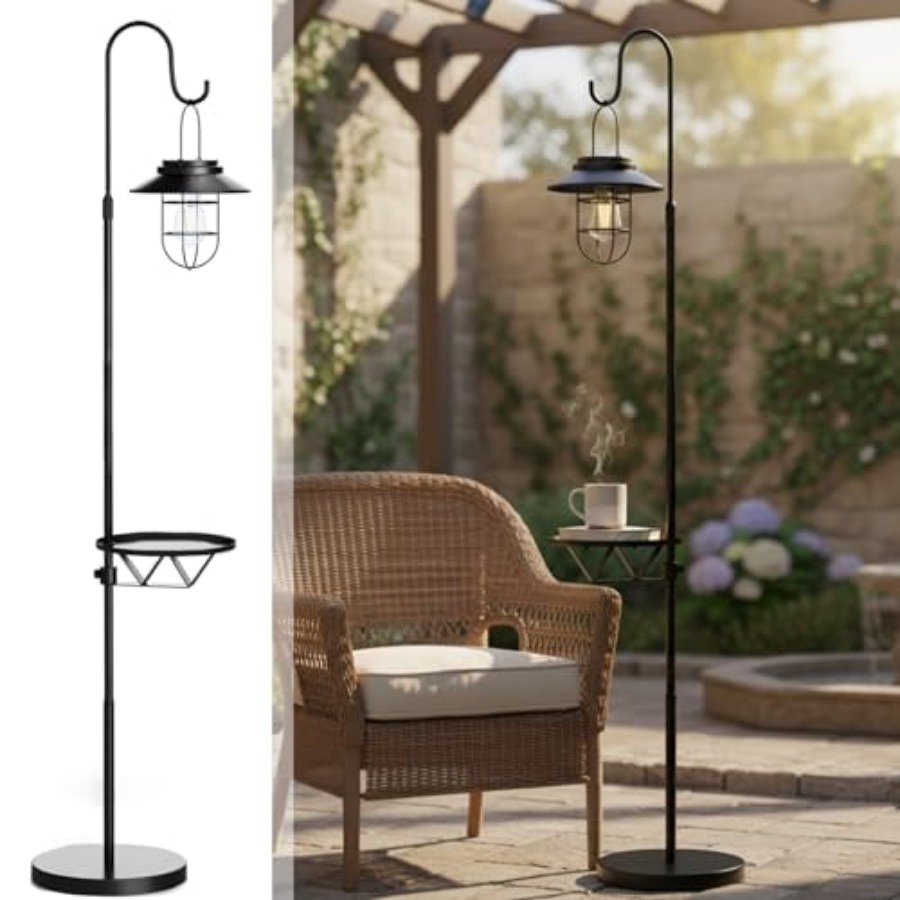 Outdoor Lighting Patio - ソーラーフロアランプ（テーブル付き）、60インチ屋外用シェパードフック付きソーラーライト、防水メタルサイドテーブル（パティオ用）、頑丈なソーラー式