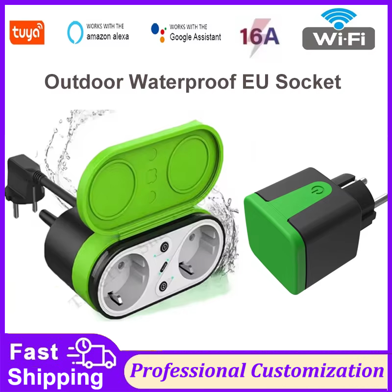 Outdoor Lighting Timer - Tuya EU 16A Wifiスマート屋外プラグスイッチソケットIP44防水スマートダブルソケットタイマーAPP音声制御 Alexa Google対応