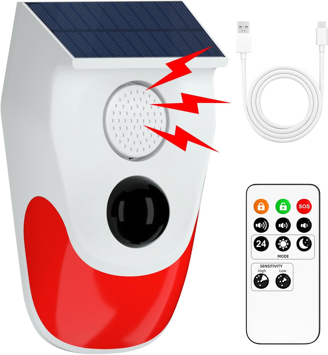 Outdoor Lighting Motion Sensor - ソーラーモーションセンサー屋外アラーム、調整可能な感度モーション起動アラーム、129dbサウンドセキュリティサイレンライトIP67家庭用