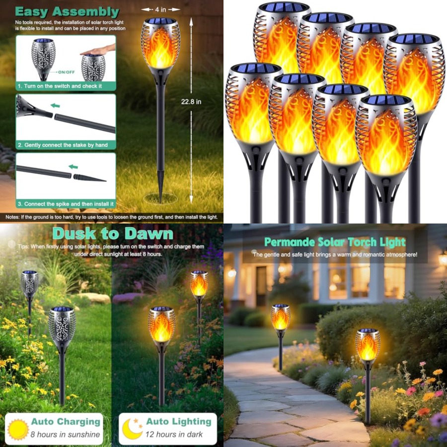 Fire Torch Solar - 揺らめく炎のソーラートーチライト、火の効果のあるガーデンライト、自動オン/オフ、夜明けから夜明けまで点灯、屋外防水景観装飾
