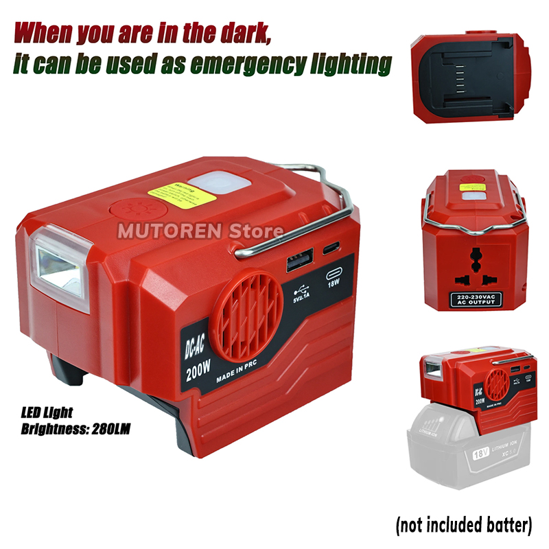 Outdoor Lighting Battery Powered - 屋外LEDライト付きポータブルインバーター,リチウム電池,18V,200W, 120V, 220V