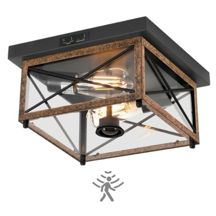Outdoor Lighting Motion Sensor - モーションセンサー付き屋外シーリングライト、屋外用フラッシュマウントポーチシーリングライト、2灯式ファームハウスメタル天井に近い位置に設置できるライト
