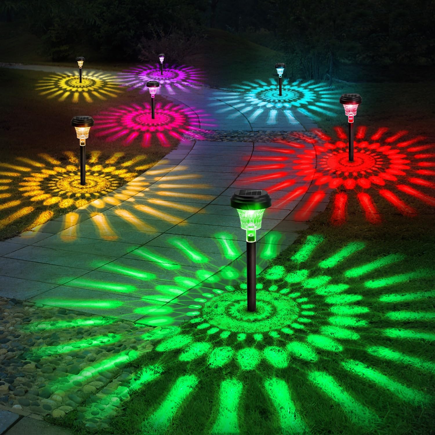 Outdoor Lighting Under Pergola - ソーラーパスウェイライト屋外ソーラーヤードランプRGB変色/ウォームホワイトIP67防水LEDソーラーライトガーデンパス用