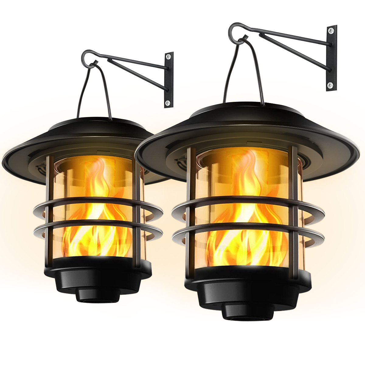 Fire Torch Solar - 屋外ソーラーハンギングランタン、ちらつき炎、防水ヘビーガラス、壁フェンス用ライト、パティオp、1個