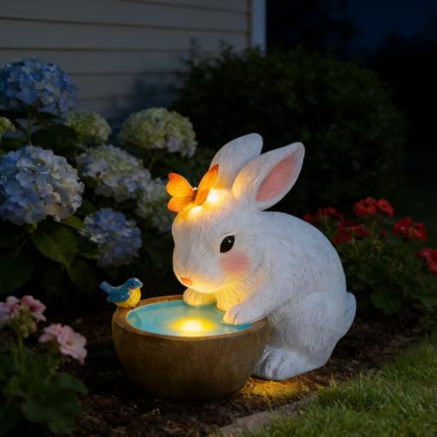 ソーラーバニーガーデン屋外装飾像 - 蝶とLEDライト付きの - Outdoor Lighting For Home のレビューと価格