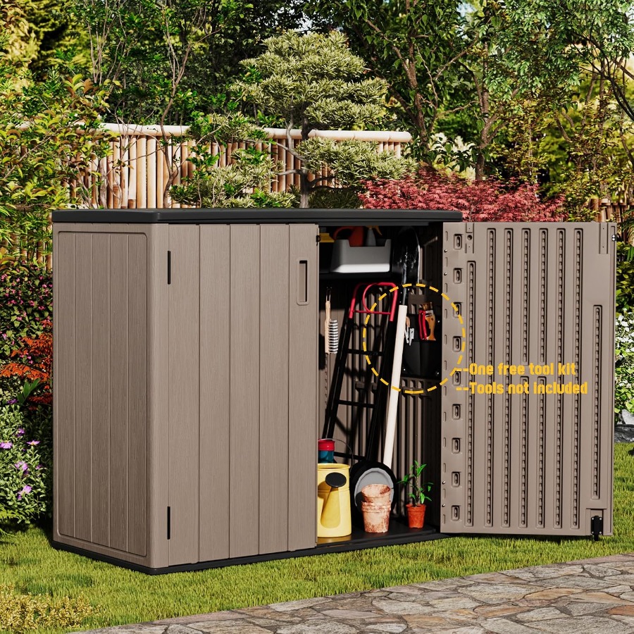 大型の屋外収納ボックス、樹脂製、明るい茶色、防水仕様で鍵付き - Outdoor Lighting Garage のレビューと価格