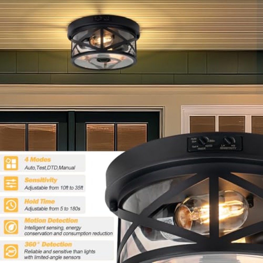 モーションセンサー屋外天井照明、調節可能な黒色フラッシュマウ - Outdoor Lighting Motion Sensor のレビューと価格